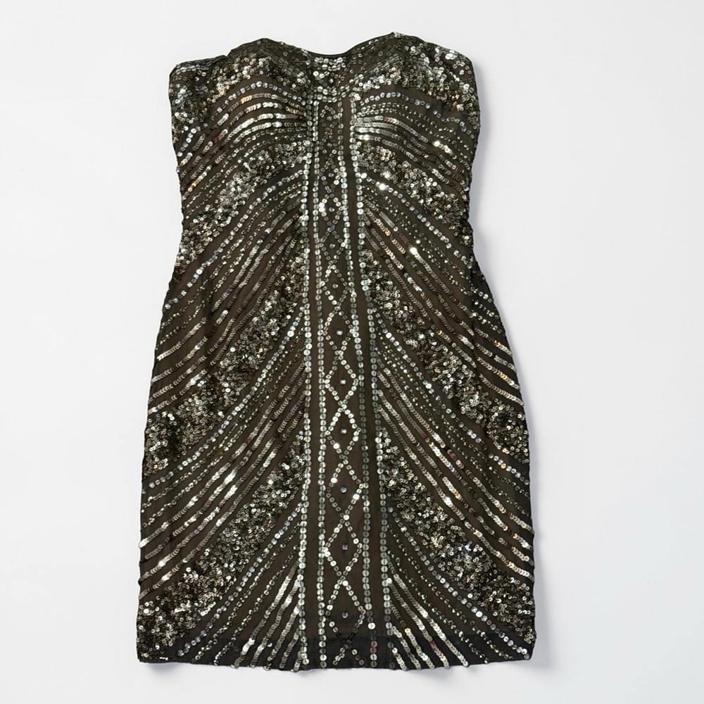 SCALA Strapless 100% Silk Gold Tan Sequin Mini Dress Prom Cocktail Party 4 Dance